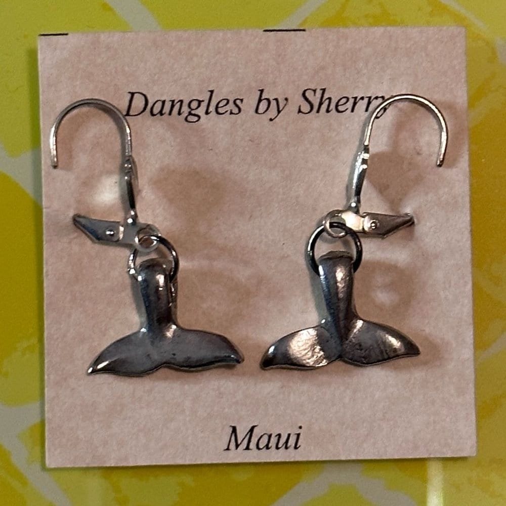 Vintage Maui Silver Whale Tail Fluke Lever Back Drop Handmade Earrings